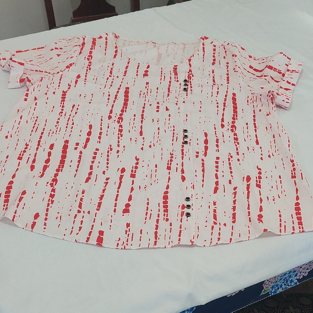 Red and White Button-Up Blouse